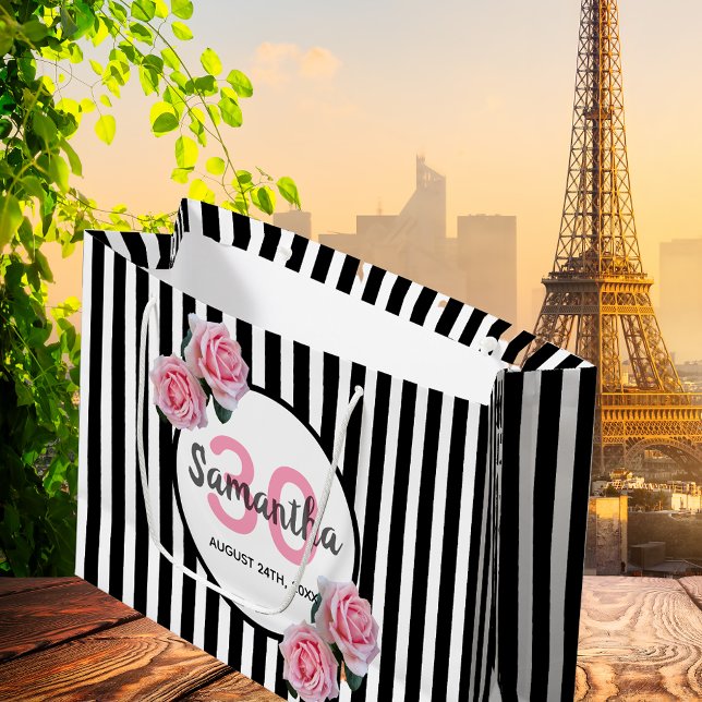 30th birthday chic pink roses black white stripes large gift bag (Creator Uploaded)