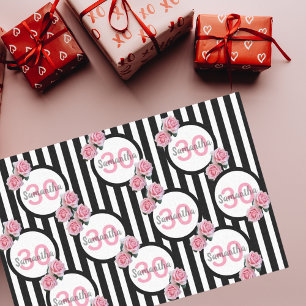 30th birthday chic pink roses black white stripes tissue paper
