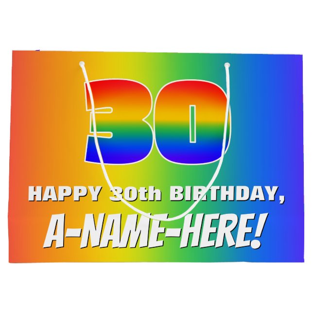 30th Birthday: Colourful, Fun Rainbow Pattern # 30 Large Gift Bag (Back)