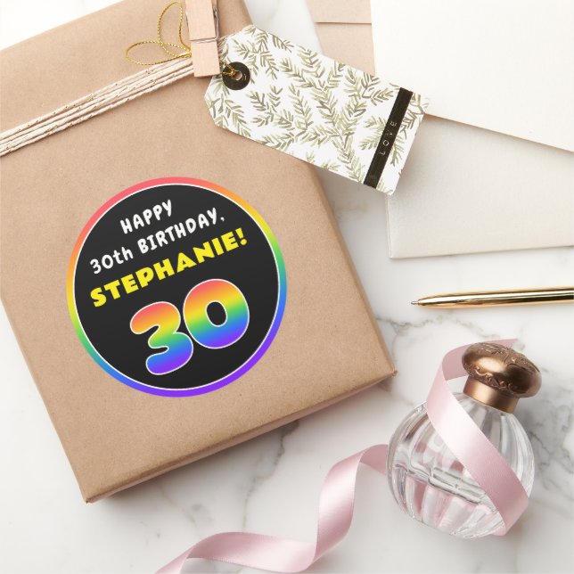 30th Birthday: Colourful Rainbow # 30, Custom Name Classic Round Sticker (Gifting)