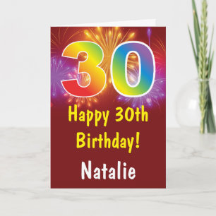30th Birthday Colourful Rainbow Fireworks Red Card