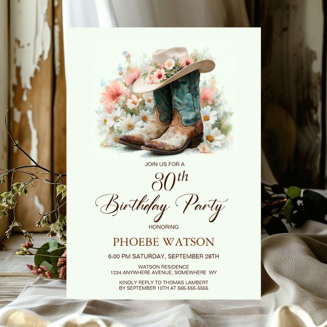 30th Birthday Cowgirl Boots and Hat Birthday Party Invitation (Creator Uploaded)