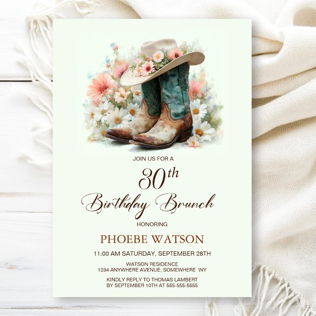 30th Birthday Cowgirl Boots Birthday Brunch Invitation (Creator Uploaded)
