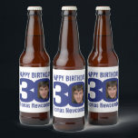 30th Birthday custom name navy blue white photo Beer Bottle Label<br><div class="desc">30th birthday party or birthday gifting design in classic navy blue and white add your own photo beer or wine labels. Great to add a personal touch to a surprise thirtieth birthday party. Customise with your birthday boys or girls photo in the 0 of 30 and personalise with your name....</div>
