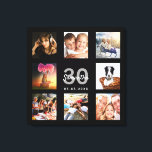 30th birthday custom photo collage black monogram canvas print<br><div class="desc">A unique 30th birthday gift or keepsake, celebrating her life with a collage of 8 of your photos. Add images of her family, friends, pets, hobbies or dream travel destination. Personalise and add a name, age 30 and a date. Grey and white coloured letters. A chic black background. This canvas...</div>