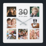 30th birthday custom photo collage friends square wall clock<br><div class="desc">A wall clock as a gift for a 30th birthday for a woman, celebrating her life with a collage of 7 of your photos. Personalize and add a name, age 30 and a date. Date of birth or the date of the anniversary. Black and gray colored letters. A chic white...</div>