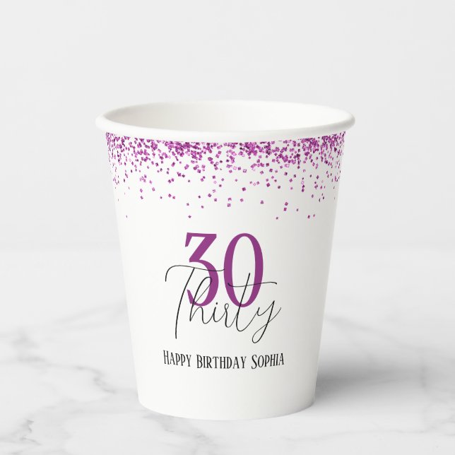 30th Birthday Dark Pink Glitter Girly Party Paper Cups (Front)