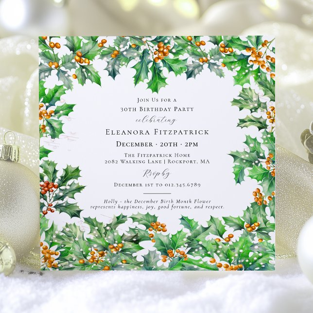 30th Birthday December Birth Flower Holly Square Invitation (Creator Uploaded)