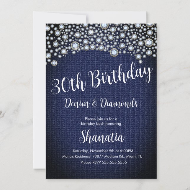 30th Birthday Denim Diamonds Gem Diamonds  Invitation (Front)