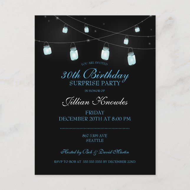 30th Birthday Elegant Blue Mason Jar Bright Fun    Invitation Postcard (Front)