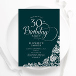 30th Birthday Elegant Emerald Green Silver Roses Invitation<br><div class="desc">Simple elegant 30th birthday party invitation in emerald green and silver. Classy design featuring roses, faux silver foil and typography script font. Trendy invite card perfect for a stylish female bday celebration. Personalise with your own details. Can be customised to any age. Printed Zazzle invitations or instant download digital printable...</div>