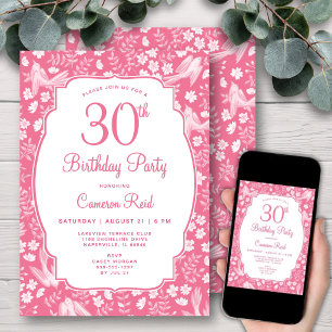 30th Birthday Elegant Pink Floral Feminine Bird Invitation