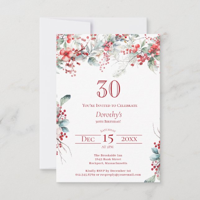 30th Birthday Elegant Winter Berry Botanical Invitation (Front)
