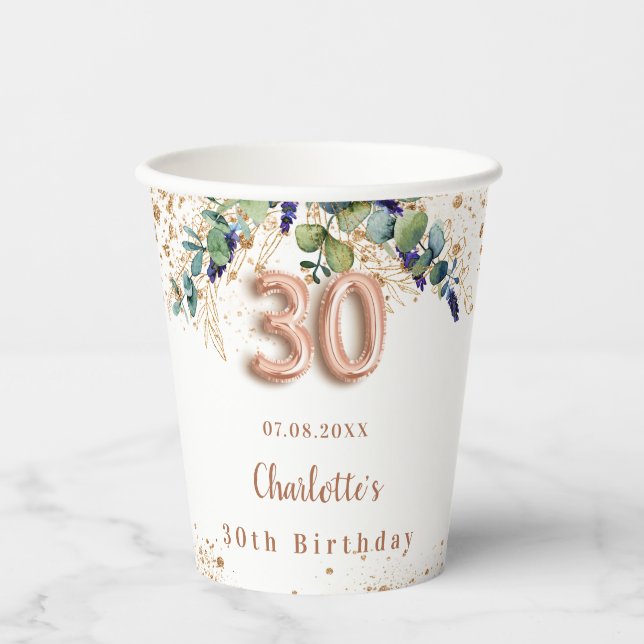 30th birthday eucalyptus greenery glitter monogram paper cups (Front)
