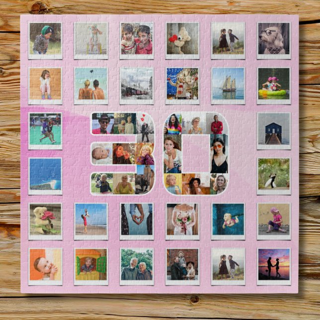 30th Birthday Family Photo Memories Collage Jigsaw Puzzle (30th birthday pink jigsaw on a wooden table top)