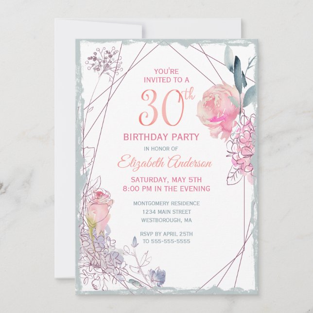 30th Birthday Floral Blush Rose Watercolor Party Invitation (Front)