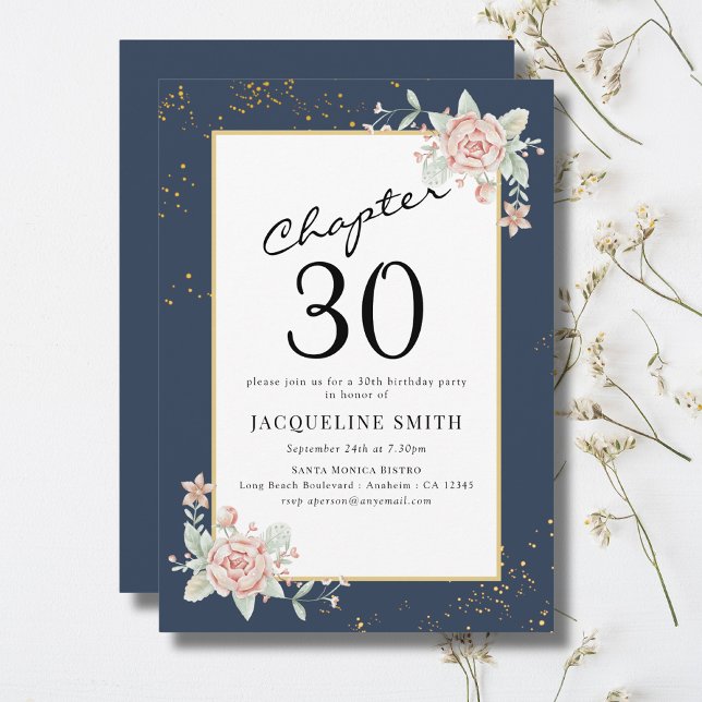 30th Birthday Floral  Invitation (Personalized 30th birthday party invitation with pink flowers and blue background.)