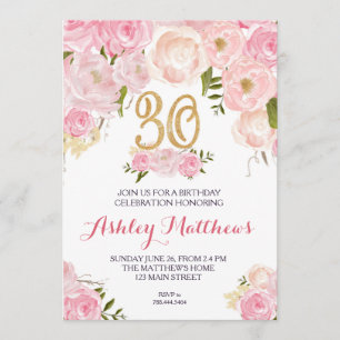 30th birthday Floral Invitation, Invitation