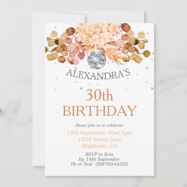 30Th Birthday Floral Orange Disco  Invitation (Front)