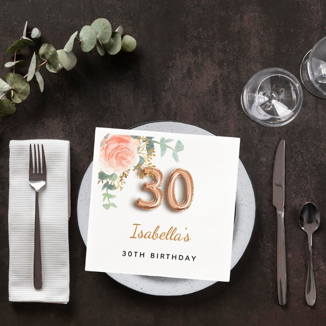 30th birthday floral rose gold eucalyptus monogram napkin (Creator Uploaded)