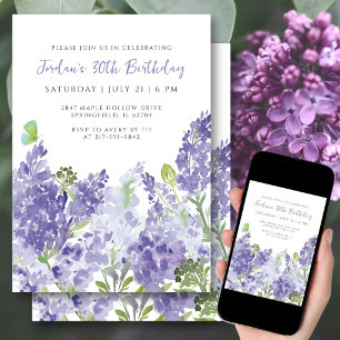 30th Birthday Floral Watercolor Elegant Lilacs Invitation