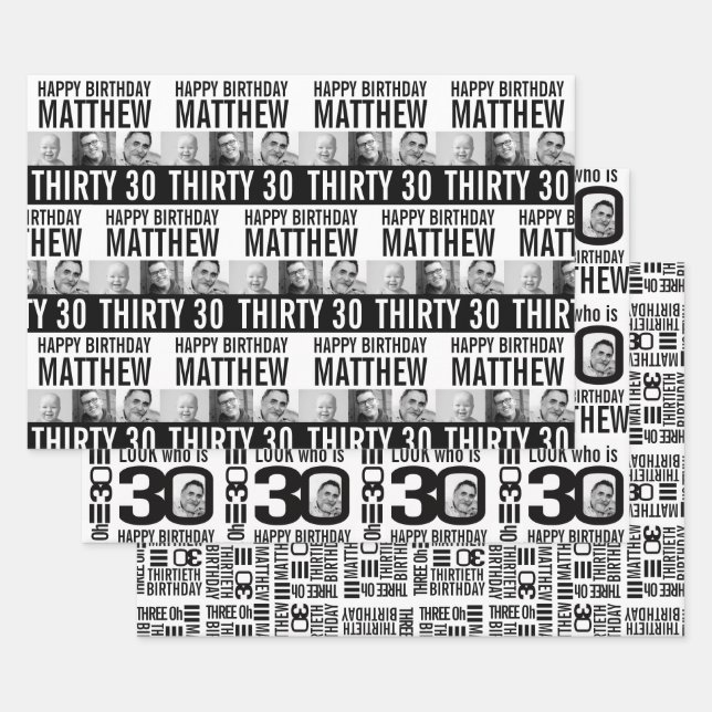30th birthday four photos black white mono wrapping paper sheet (Set)