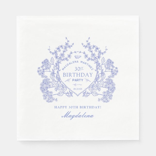 30th Birthday French Blue Floral Crest Custom Napkin (Front)