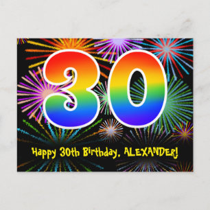 30th Birthday – Fun Fireworks Pattern + Rainbow 30 Postcard