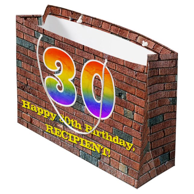 30th Birthday: Fun, Graffiti-Inspired Rainbow # 30 Large Gift Bag (Back Angled)