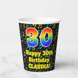 30th Birthday: Fun Music Notes Pattern, Rainbow 30 Paper Cups