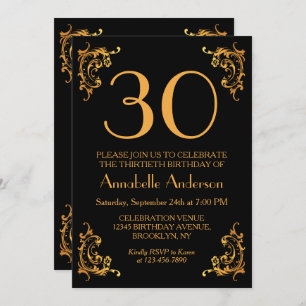 30th Birthday Glam Modern Gold Black Vintage Retro Invitation