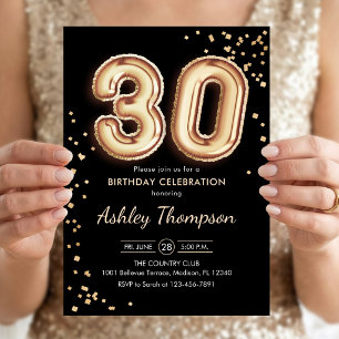 30th Birthday - Gold Balloons Black Invitation