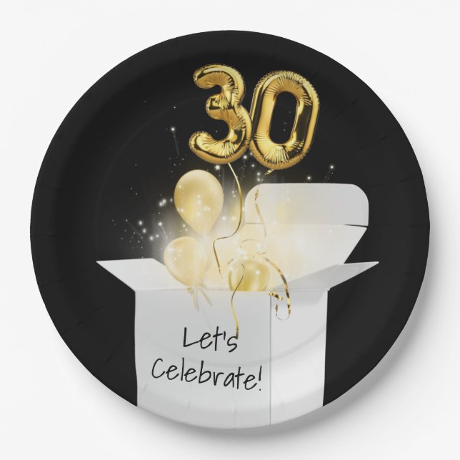 30th Birthday Gold Balloons In White Box     Paper Plate (Front)