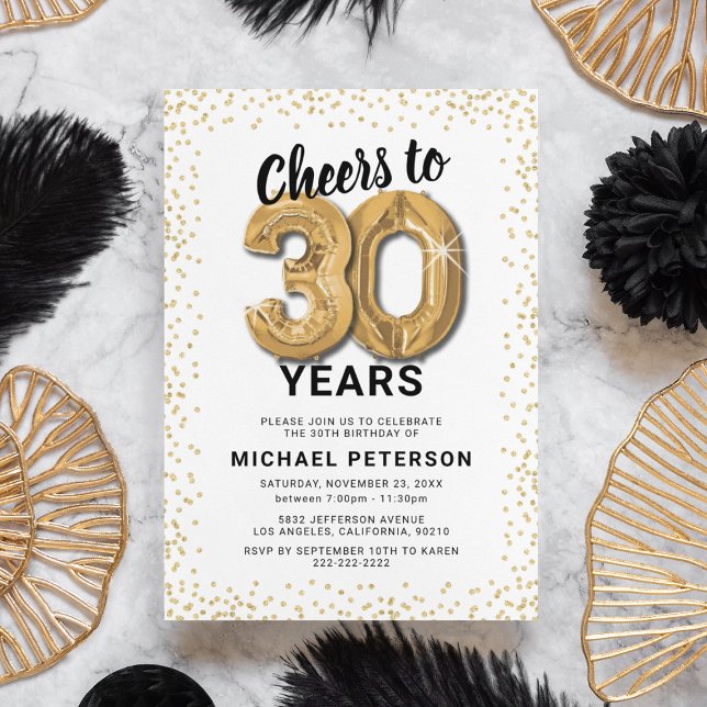 30th Birthday Gold Balloons Invitation (Creator Uploaded)