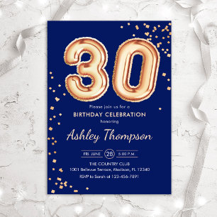 30th Birthday - Gold Balloons Navy Invitation