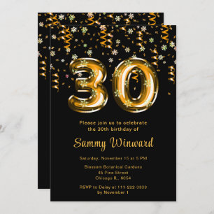 30th Birthday Gold Balloons Snowflake Confetti Invitation