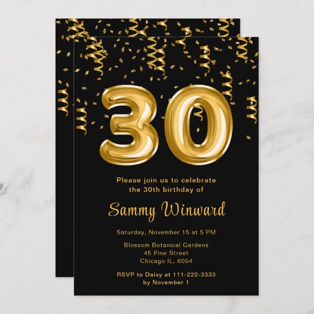 30th Birthday Gold Balloons with Confetti Invitation (Front/Back)