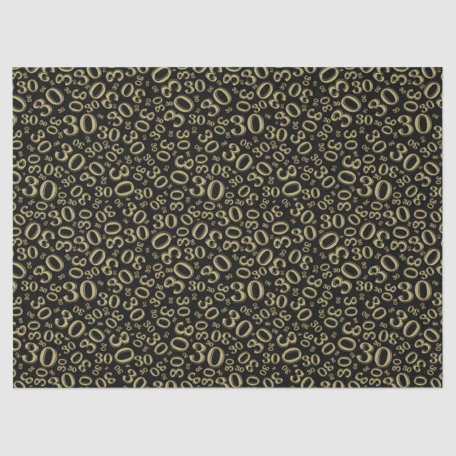 30th Birthday Gold/Black Collage Number Pattern Tissue Paper (Front)