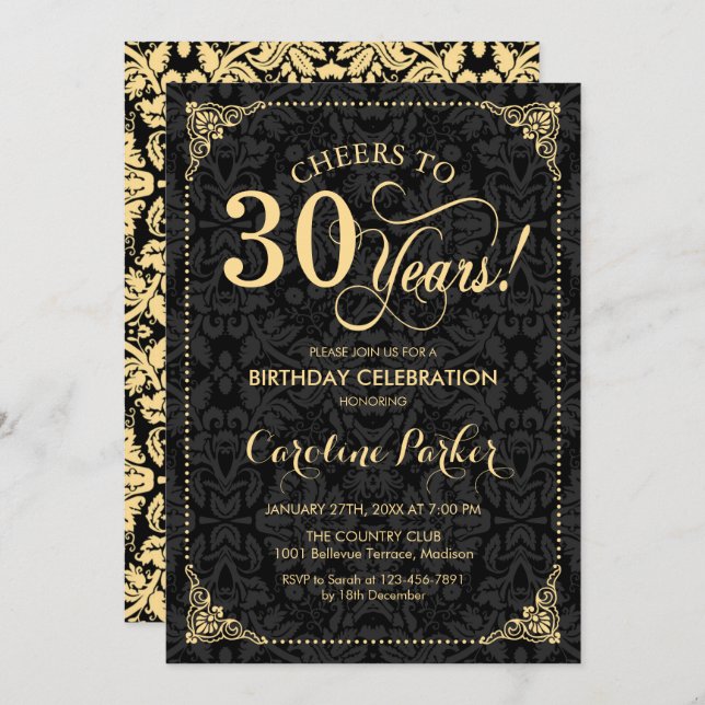 30th Birthday - Gold Black Damask Invitation (Front/Back)
