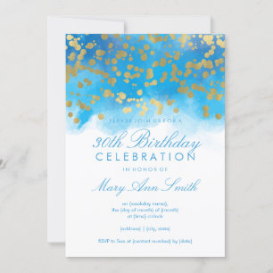 30th Birthday Gold Confetti Blue Watercolor Invitation