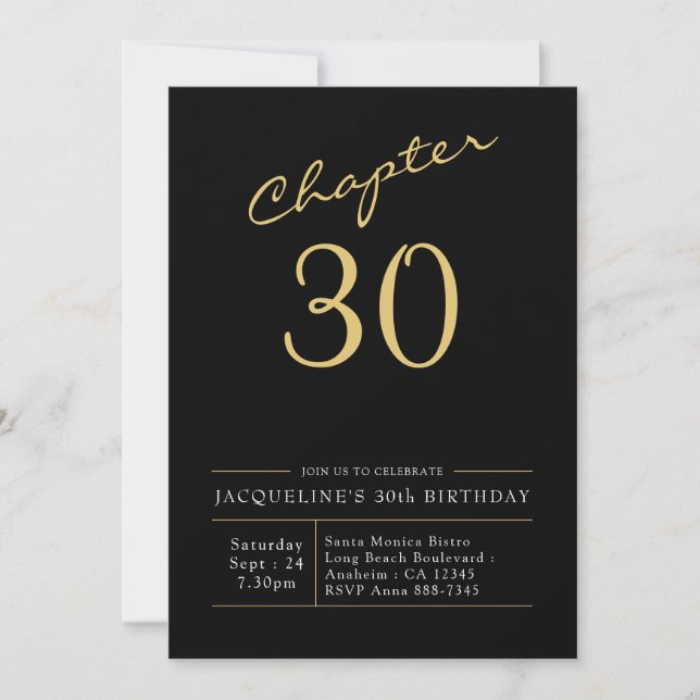 30th Birthday Gold Modern Script Black Invitation (Front)