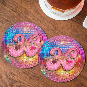 30th Birthday Gold Pink Glitter Dancing Disco Ball Round Paper Coaster