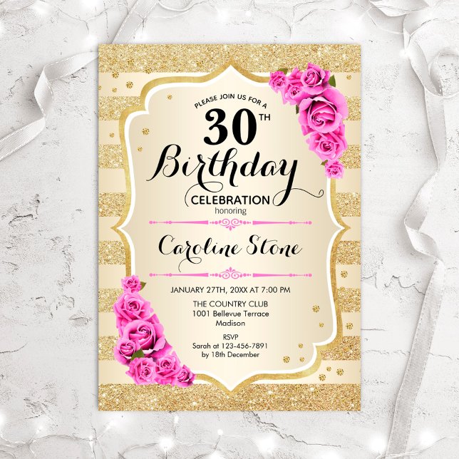 30th Birthday - Gold Stripes Pink Roses Invitation (Creator Uploaded)