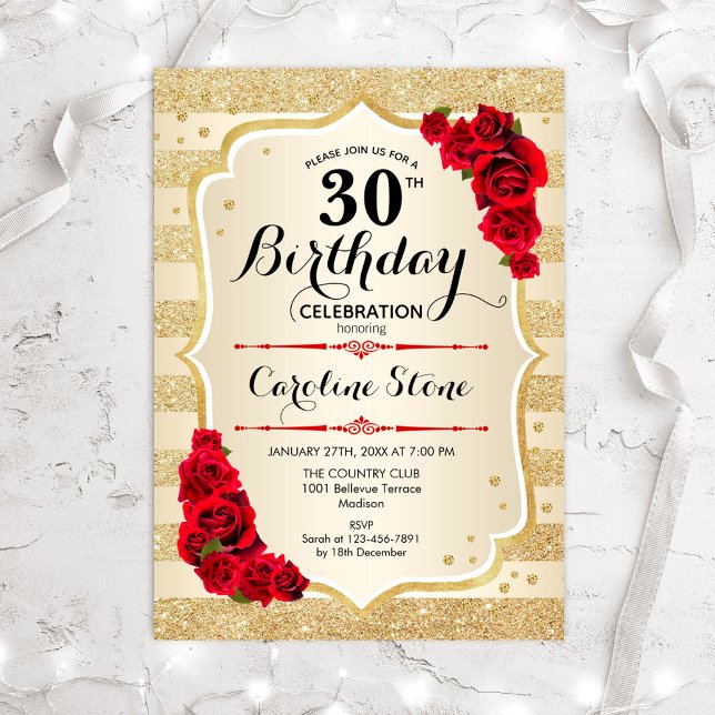 30th Birthday - Gold Stripes Roses Invitation (Creator Uploaded)