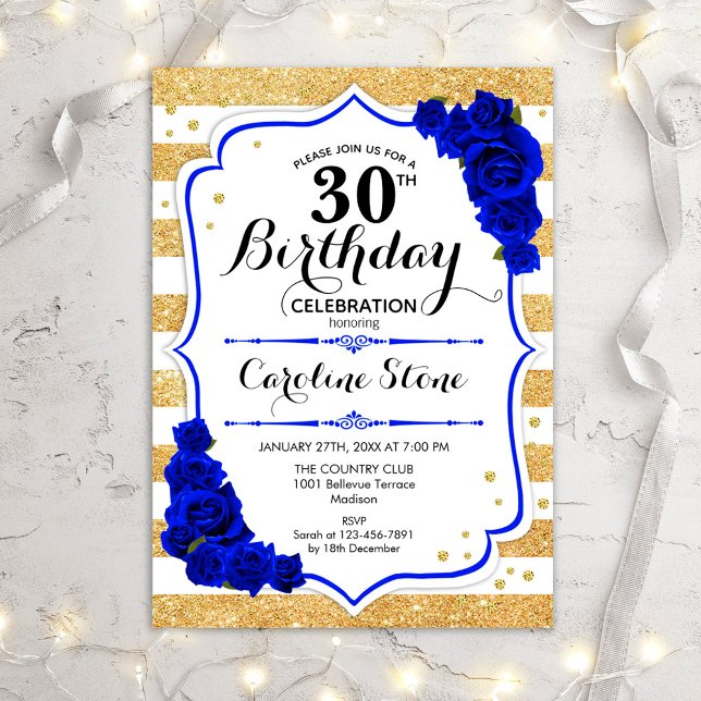30th Birthday - Gold Stripes Royal Blue Roses Invitation (Creator Uploaded)