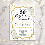 30th Birthday - Gold White Roses Invitation<br><div class="desc">Elegant 30th Birthday Invitation. Stylish design in white and gold. Features white roses,  damask pattern and faux glitter confetti. Perfect for a glam all white birthday celebration. Can be customised to show any age. Message me if you need further customisation.</div>