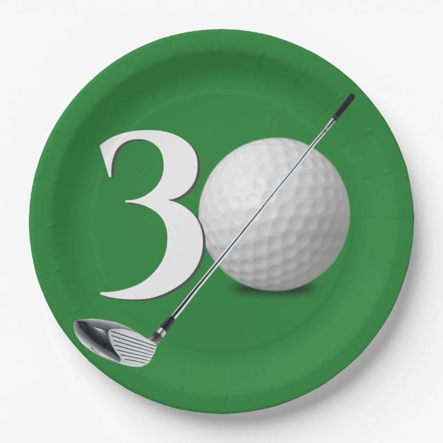 30th Birthday Golf Ball and Club On Green Paper Plate (Front)
