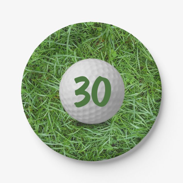 30th Birthday Golf Ball on Grass Paper Plate (Front)
