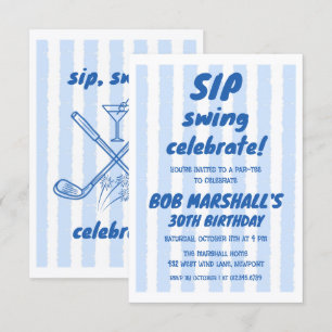 30th Birthday Golf Bold Blue Typography Stripes Invitation