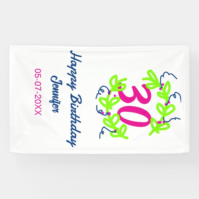 30th birthday green blue wreath name date rustic b banner (Horizontal)